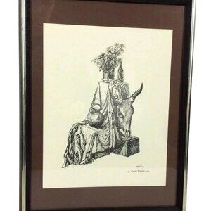 Katie Redel Pen Ink Drawing Southwestern Still Life Pottery Cow Skull Framed